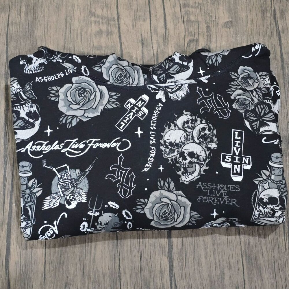 A$$holes Live Forever ✦ Skull & Rose Zip Hoodie ✦ Black Unisex Streetwear Goth S - Picture 9 of 11